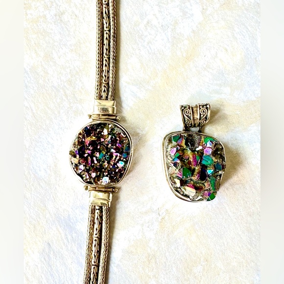 Sterling w druzy stones crystals geodes handcrafted pendant OOAK artist signed - Picture 7 of 7